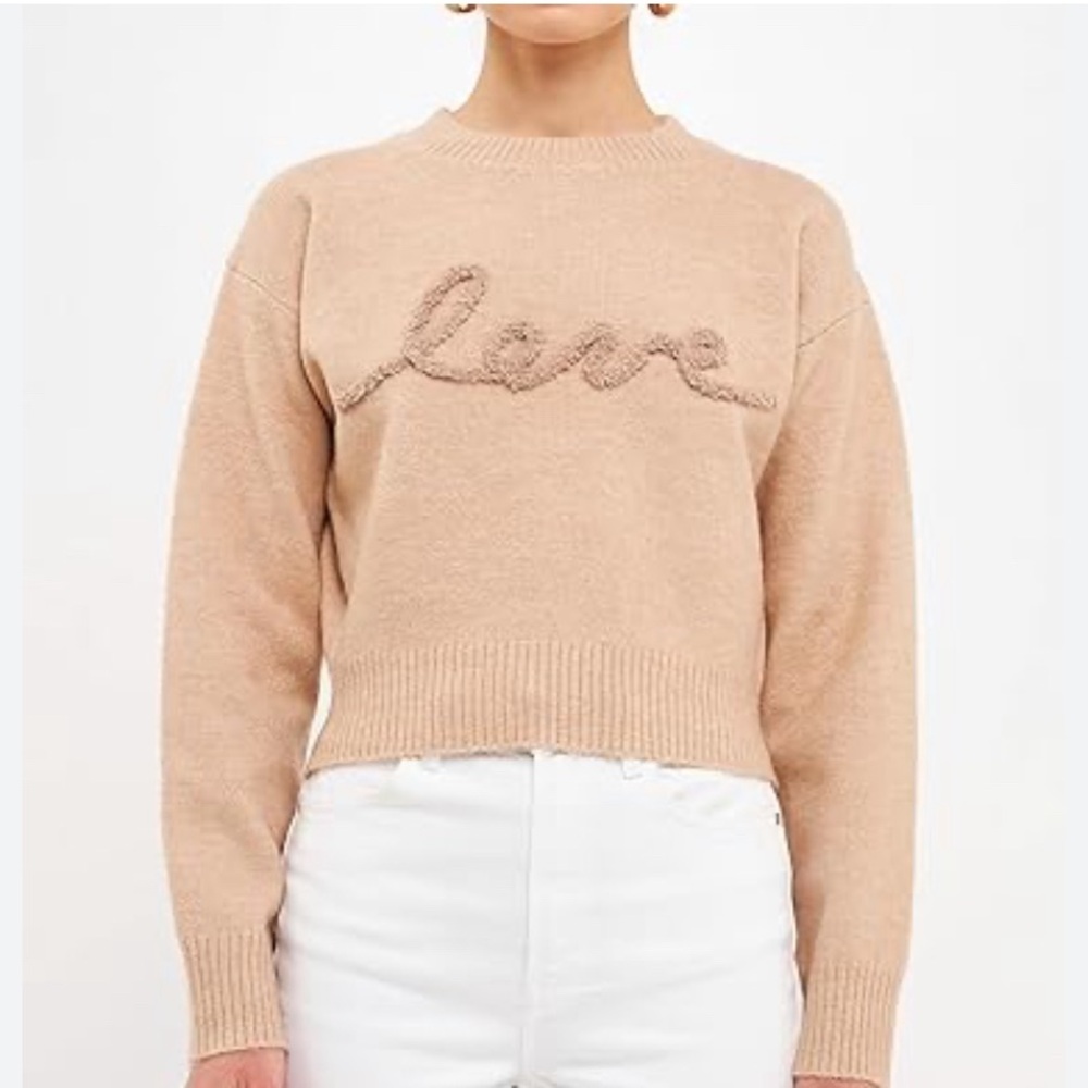 Endless Rose Beige Love Chenille Embroidered Sweater NWT